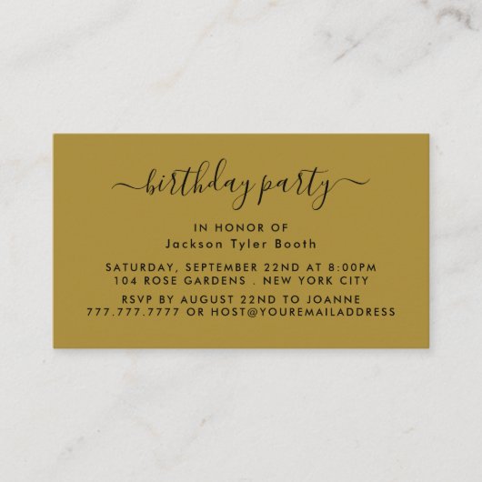 Carte De Visite Script simple - Billet d'anniversaire noir et or (Devant)