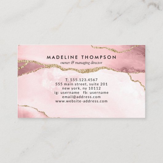 Carte De Visite Script tendance Blush Rose Agate Geode Gold Monogr (Dos)