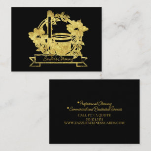 Carte De Visite Seau à balai floral de nettoyage en or faux Logo