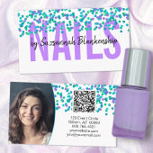 Carte De Visite Séquins bleu violet grand texte NAILS QR Code Busi