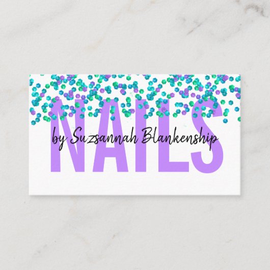 Carte De Visite Séquins bleu violet grand texte NAILS QR Code Busi (Devant)