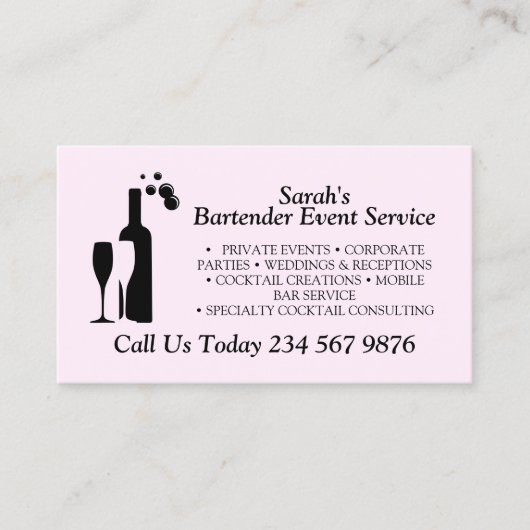 Carte De Visite Service de barman de cocktail Script Rose (Devant)
