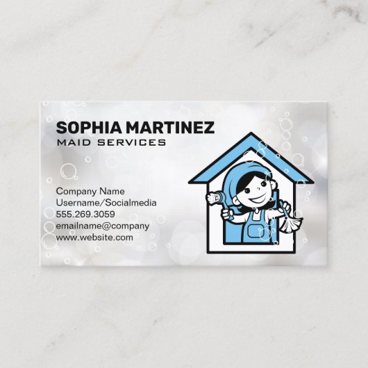 Carte De Visite Service de ménage | Mop et Broom | Bulles de savon (Devant)