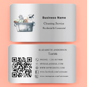 Carte De Visite Service de nettoyage argent code QR médias sociaux