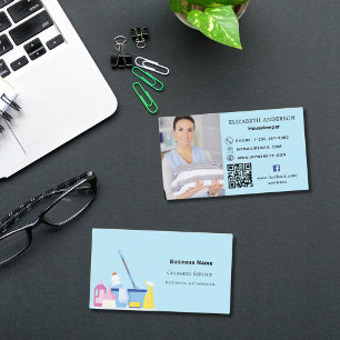 Carte De Visite Service de nettoyage bleu clair photo QR code prem