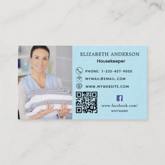 Carte De Visite Service de nettoyage bleu clair photo QR code prem (Dos)