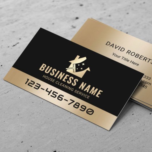 Carte De Visite Service de nettoyage de maison moderne Noir & Or