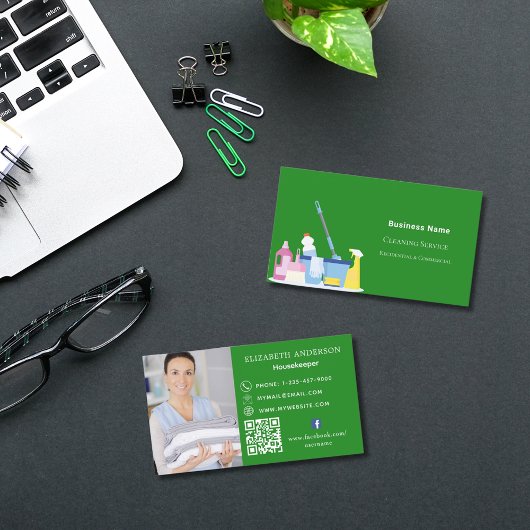 Carte De Visite Service de nettoyage forêt vert photo code QR