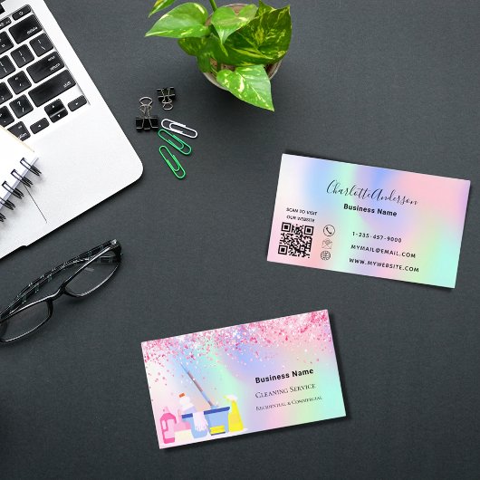 Carte De Visite Service de nettoyage holographique rose code QR