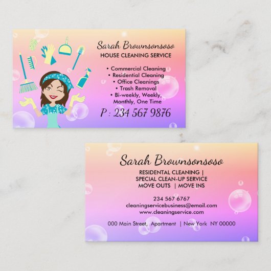 Carte De Visite Service De Nettoyage Maison Maid Jaune Purple Cart (Devant / Derrière)