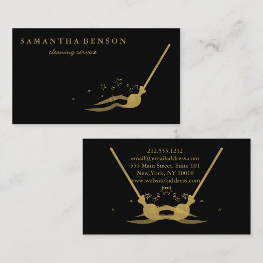 Carte De Visite Service de nettoyage moderne Brossé Métal Noir Or (Devant / Derrière)
