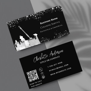 Carte De Visite Service de nettoyage noir argent parties scintilla