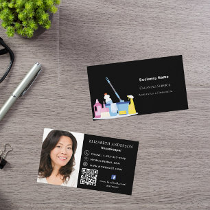 Carte De Visite Service de nettoyage noir code QR photo prime