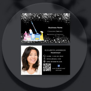 Carte De Visite Service de nettoyage parties scintillant noire QR 