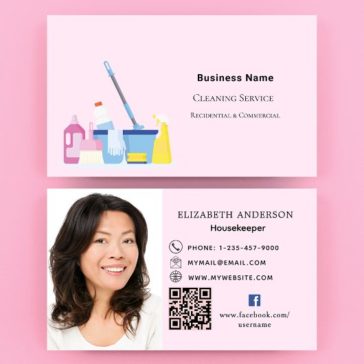Carte De Visite Service de nettoyage rose QR code photo