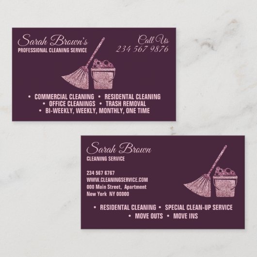 Carte De Visite Service de nettoyage rose violet Maid Janitorial (Devant / Derrière)