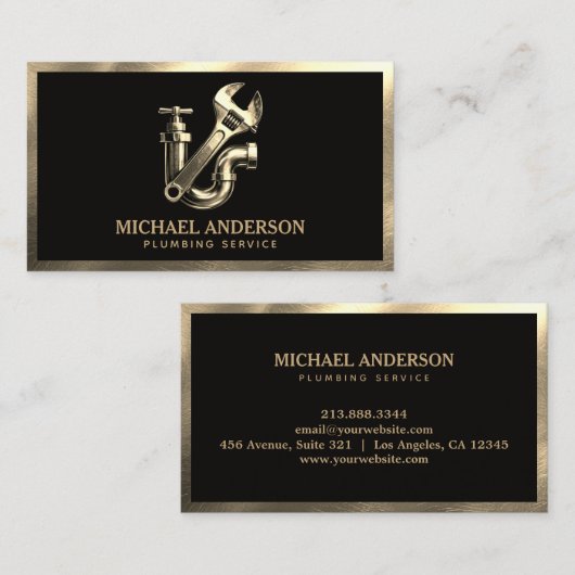 Carte de visite Service de plomberie Luxe Noir Or (Devant / Derrière)