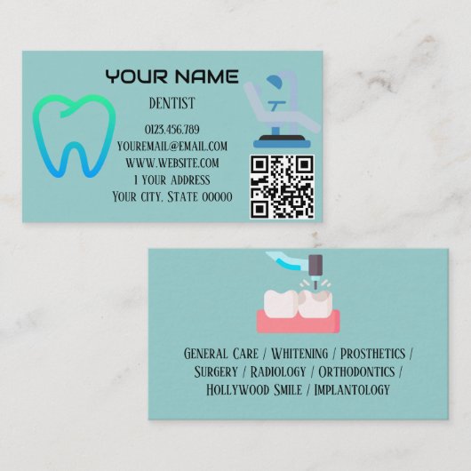 Carte De Visite Services de code QR pour dentiste moderne Bleu men (Devant / Derrière)