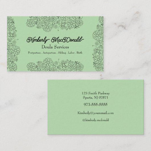 Carte De Visite Services de doula de script Vert Sauge (Devant / Derrière)
