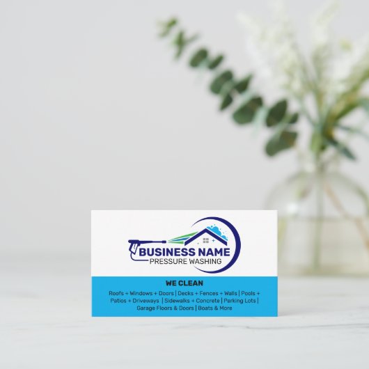 Carte De Visite Services de lavage à pression blanc et bleu (Debout devant)