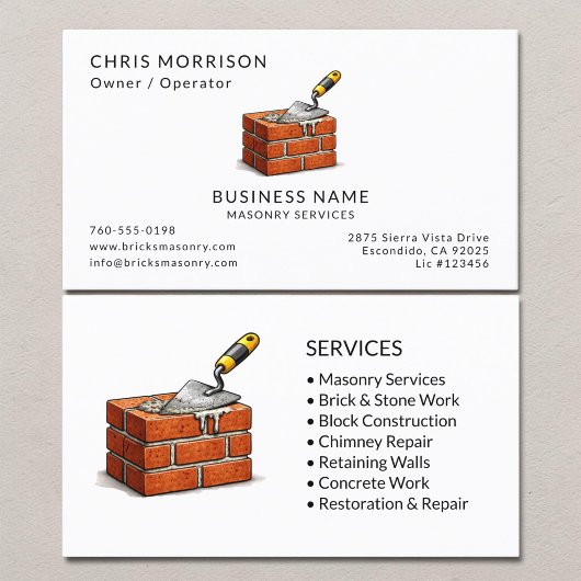 Carte De Visite Services de maçonnerie de briques Professionnel