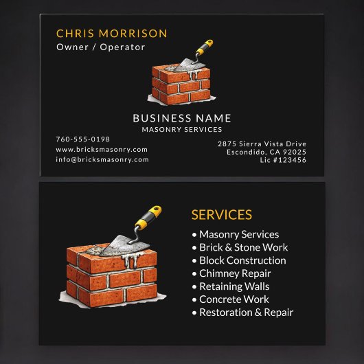 Carte De Visite Services de Maçonnerie Noirs Professionnel