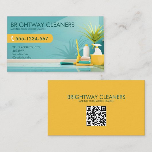 Carte De Visite Services de nettoyage à domicile Code QR jaune Tur (Devant / Derrière)