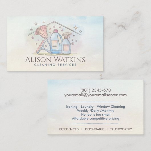 Carte De Visite Services de nettoyage - Design de style aquarelle (Devant / Derrière)