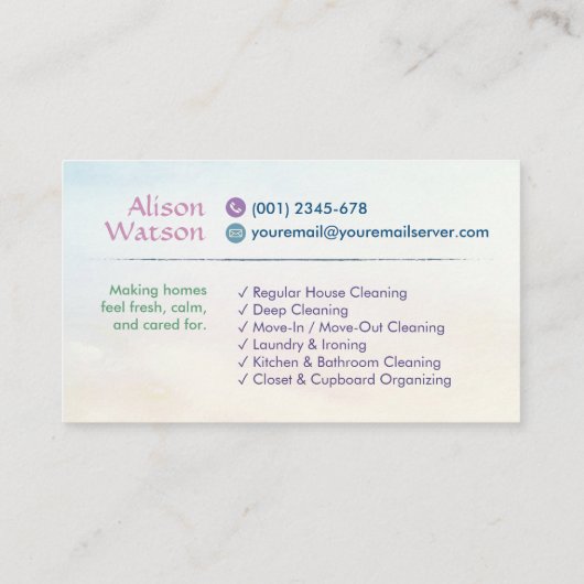 Carte De Visite Services de nettoyage - Design de style aquarelle  (Dos)