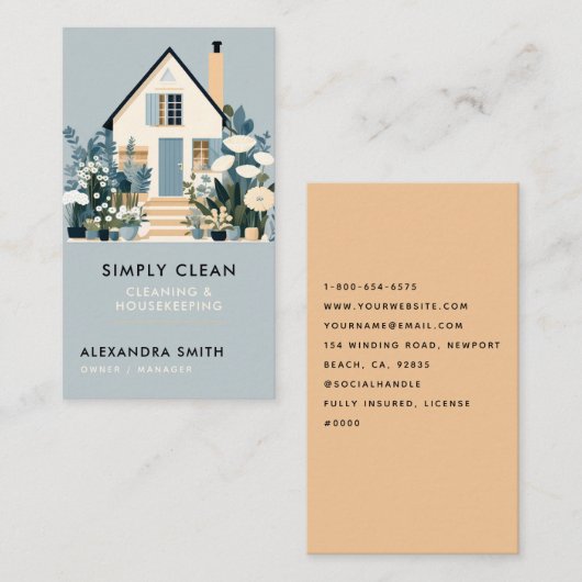 Carte De Visite Services de nettoyage Ménage Floral Dusty Blue (Devant / Derrière)