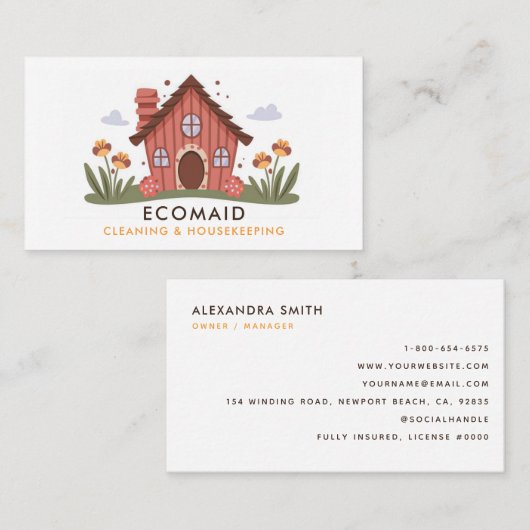 Carte De Visite Services de nettoyage Ménage Rétro Cute House (Devant / Derrière)