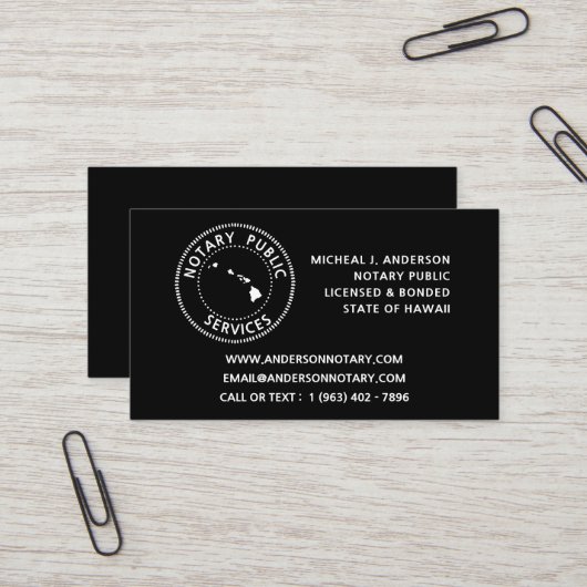 Carte De Visite Services de notaire public à Hawaï (Devant/Arrière en situation)
