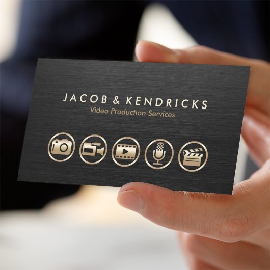Carte De Visite Services de production vidéo Icônes d'or Métal noi