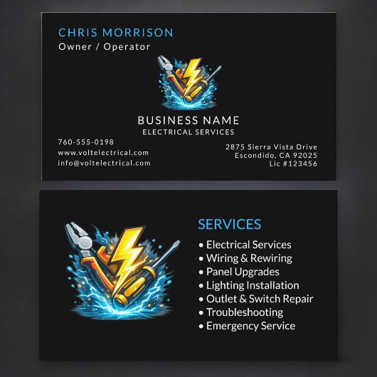 Carte De Visite Services d'électricien noir Professionnel