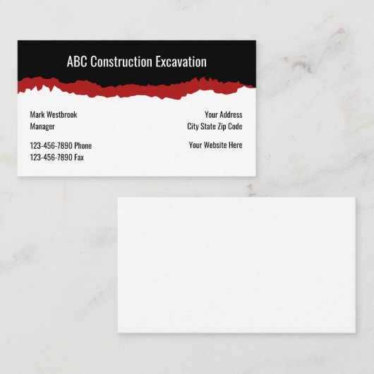 Carte De Visite Services d'excavation de construction (Devant / Derrière)