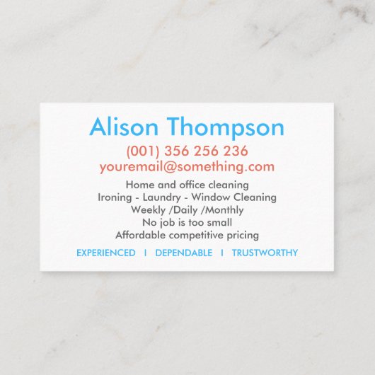 Carte De Visite Services professionnels de nettoyage des maisons (Dos)
