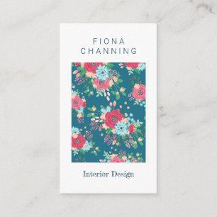 Carte De Visite Shabby Chic Turquoise et Motif rose