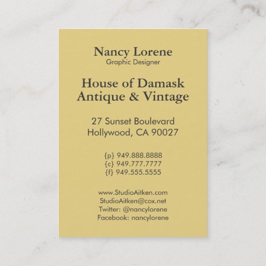 Carte De Visite Shelby, Madame d'art déco des années 1920 en jaune (Dos)