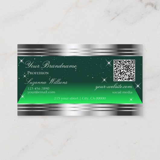 Carte De Visite Shimmery Stars Green Silver Borders Logo QR Code (Dos)