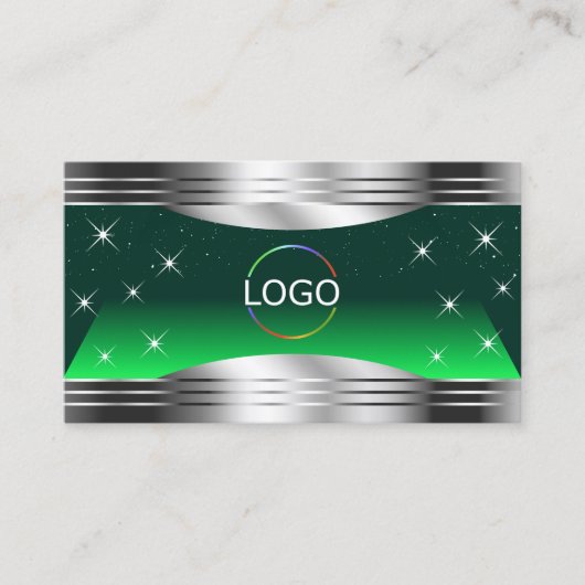 Carte De Visite Shimmery Stars Green Silver Borders Logo QR Code (Devant)