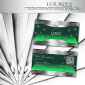 Carte De Visite Shimmery Stars Green Silver Borders Logo QR Code