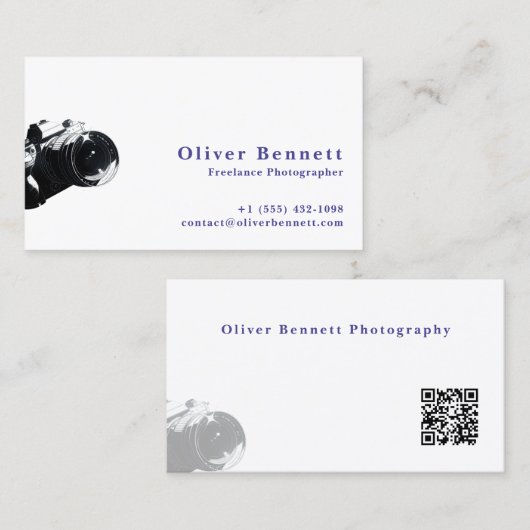 Carte De Visite Side-cut Design Camera Photographer QR Code (Devant / Derrière)