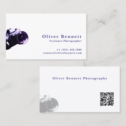 Carte De Visite Side-cut PurpleDesign Camera Photographer QR Code (Devant / Derrière)