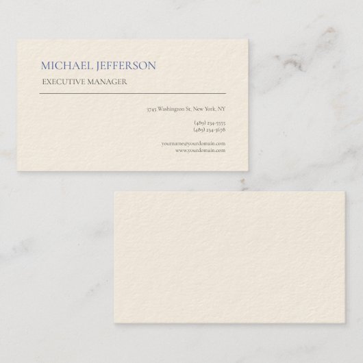 Carte De Visite Signature Crème Moderne Élégant Bleu Simple Blanc (Devant / Derrière)