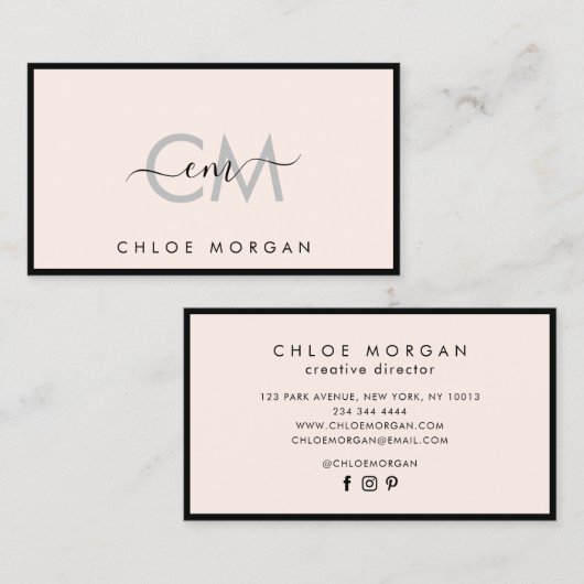 Carte De Visite Signature de script rose clair noir moderne monogr (Devant / Derrière)