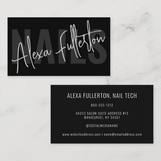 Carte De Visite Signature manicurienne moderne Black Nail Tech (Devant / Derrière)