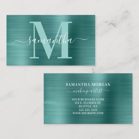 Carte De Visite Signature Monogram Aqua Turquoise Shimmer Foil (Devant / Derrière)