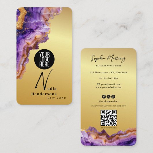 Carte De Visite Signature Purple Agate gold marble & QR Code Logo (Devant / Derrière)