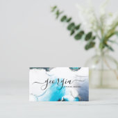 Carte De Visite Signature Script Aquarelle Bleu Marbre Argent (Debout devant)