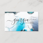 Carte De Visite Signature Script Aquarelle Bleu Marbre Argent (Devant)